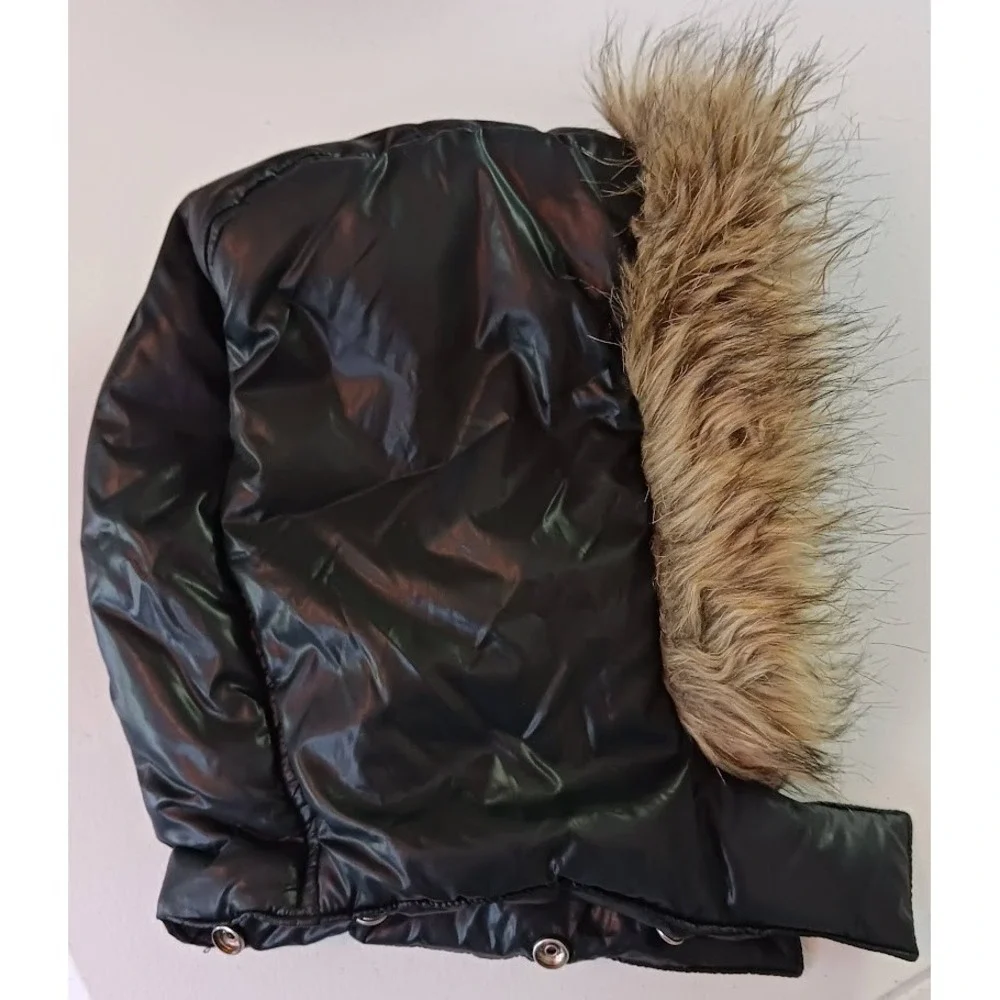 The Childrens Place Puffer Jacket, Black, Size S Zipper Faux Fur Trim, Snap Hood